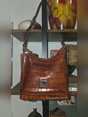 Vintage Dooney & Bourke Brown Croc-Embossed Leather Shoulder Bag